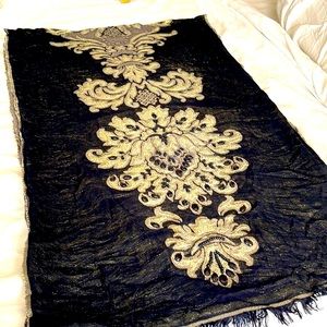 Vintage magnificent shawl with black faceted beads gold metallic black fabric